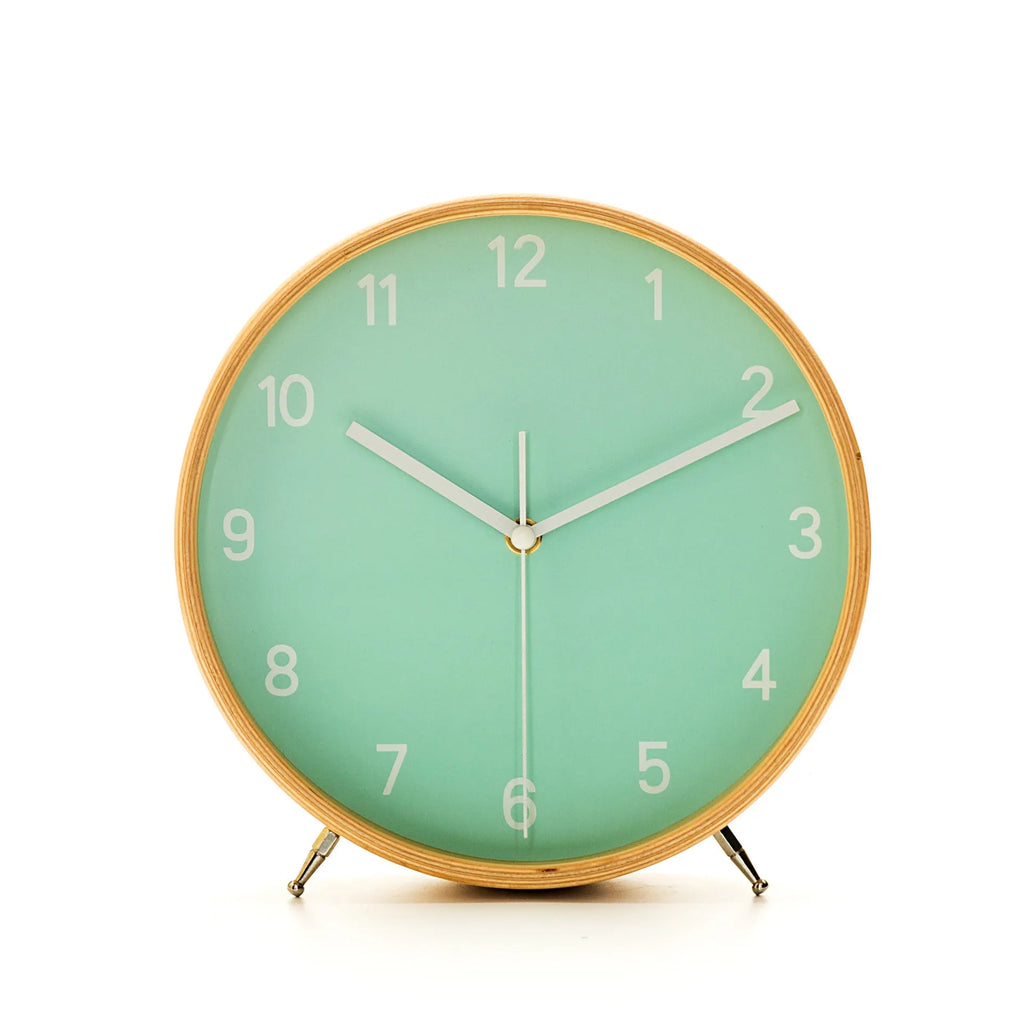 Round wood quartz table clock with sweep second movement, 22x24cm, available in four colours