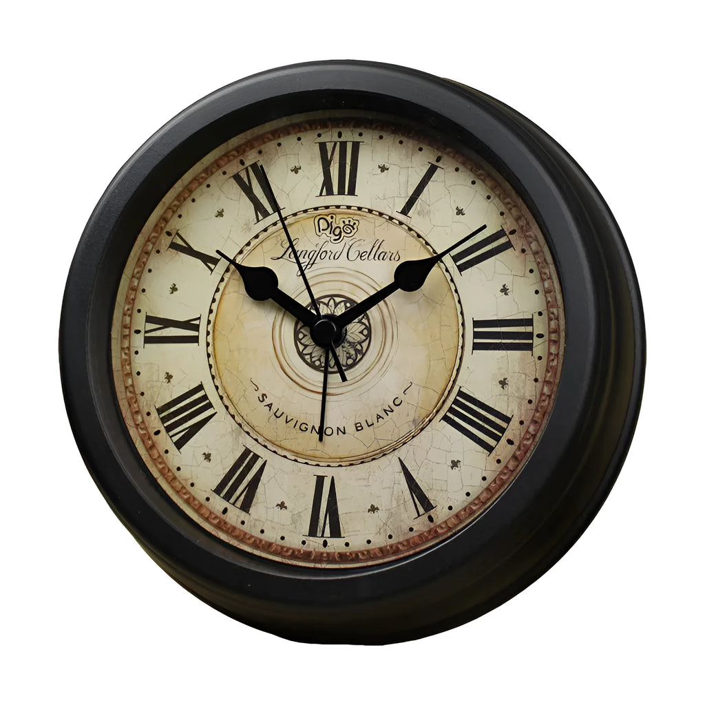 Round 6-inch retro-style desk alarm clock with silent sweep movement in a vintage colour on a wooden surface.