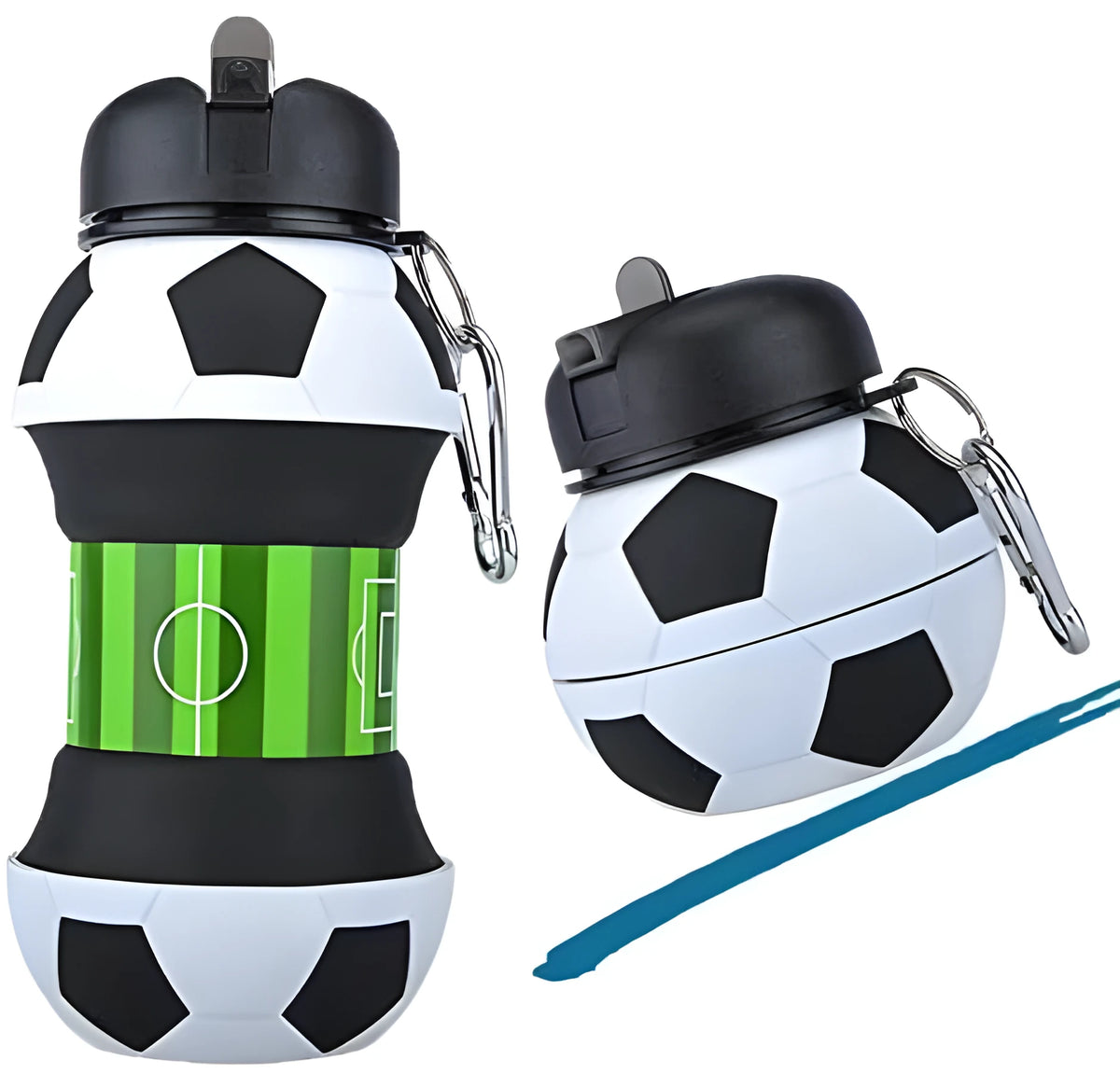 White collapsible soccer ball silicone water bottle with straw and black carrying clip on white background