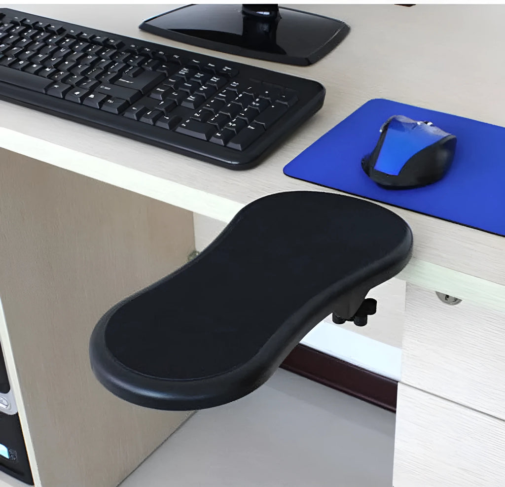 Black rotating computer hand bracket mouse wrist pad showing 180-degree adjustment mechanism