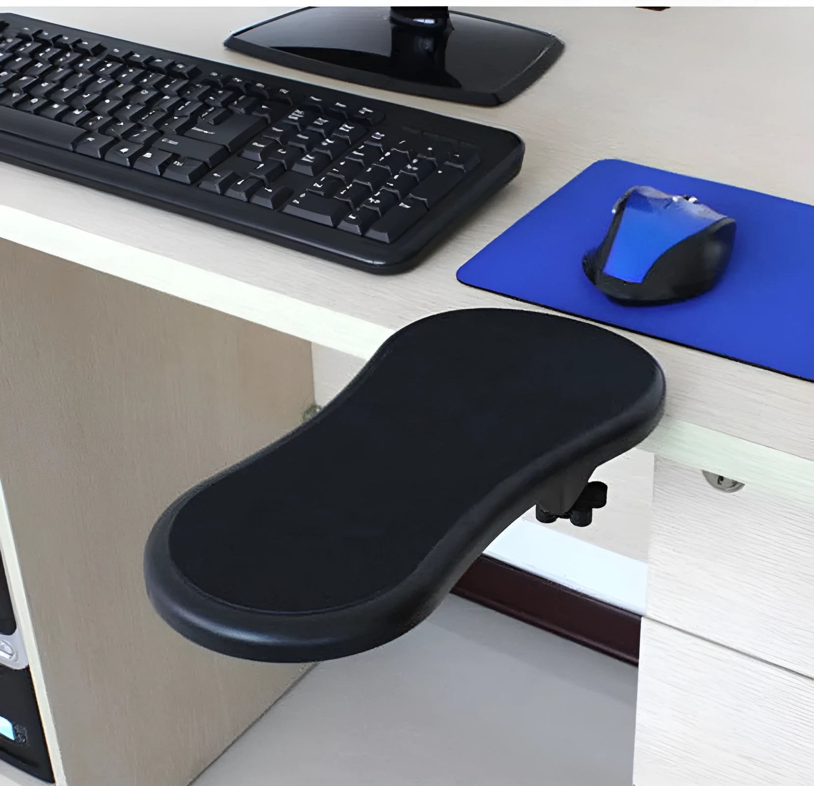 Black rotating computer hand bracket mouse wrist pad showing 180-degree adjustment mechanism