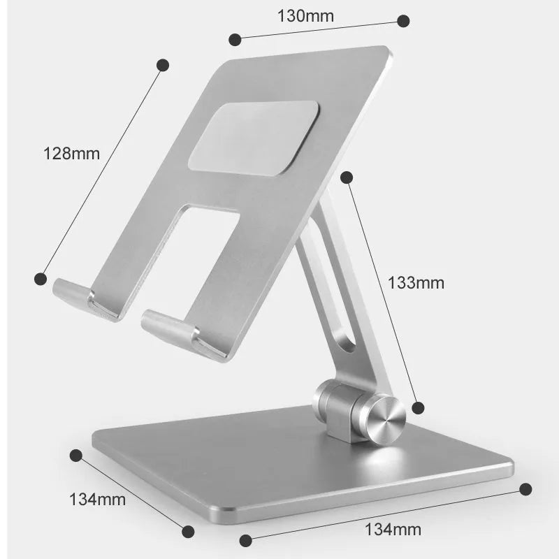 Adjustable aluminium alloy tablet PC stand folded, compatible with Apple iPad and Huawei phones, silver