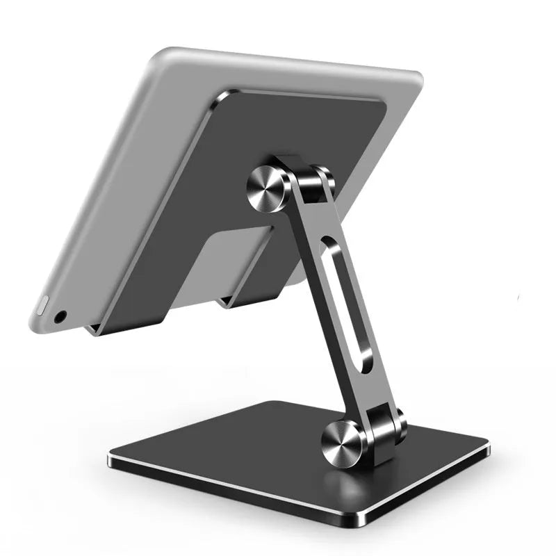 Adjustable aluminium alloy tablet PC stand folded, compatible with Apple iPad and Huawei phones, silver