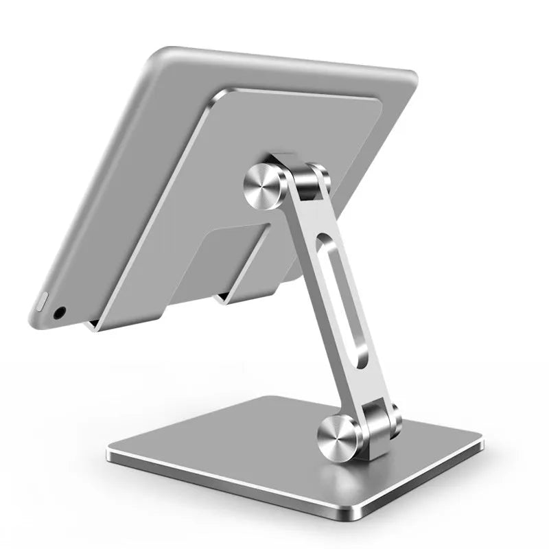 Adjustable aluminium alloy tablet PC stand folded, compatible with Apple iPad and Huawei phones, silver