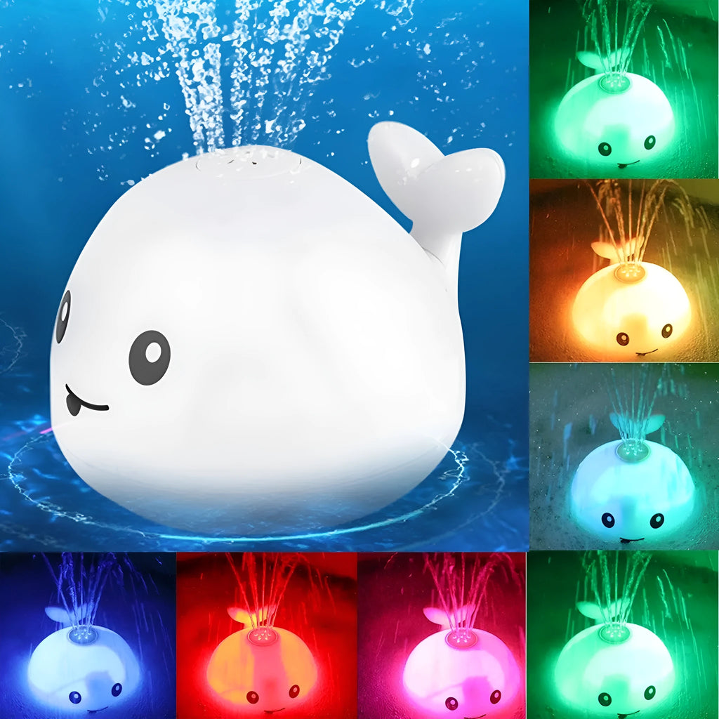 Grey or white whale bath toy floating in water with LED lights and water spray fountain