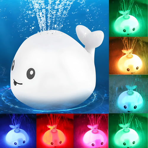 Grey or white whale bath toy floating in water with LED lights and water spray fountain