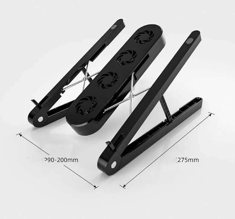 Black folding notebook cooling bracket with fan, 7 height gears, and USB cable