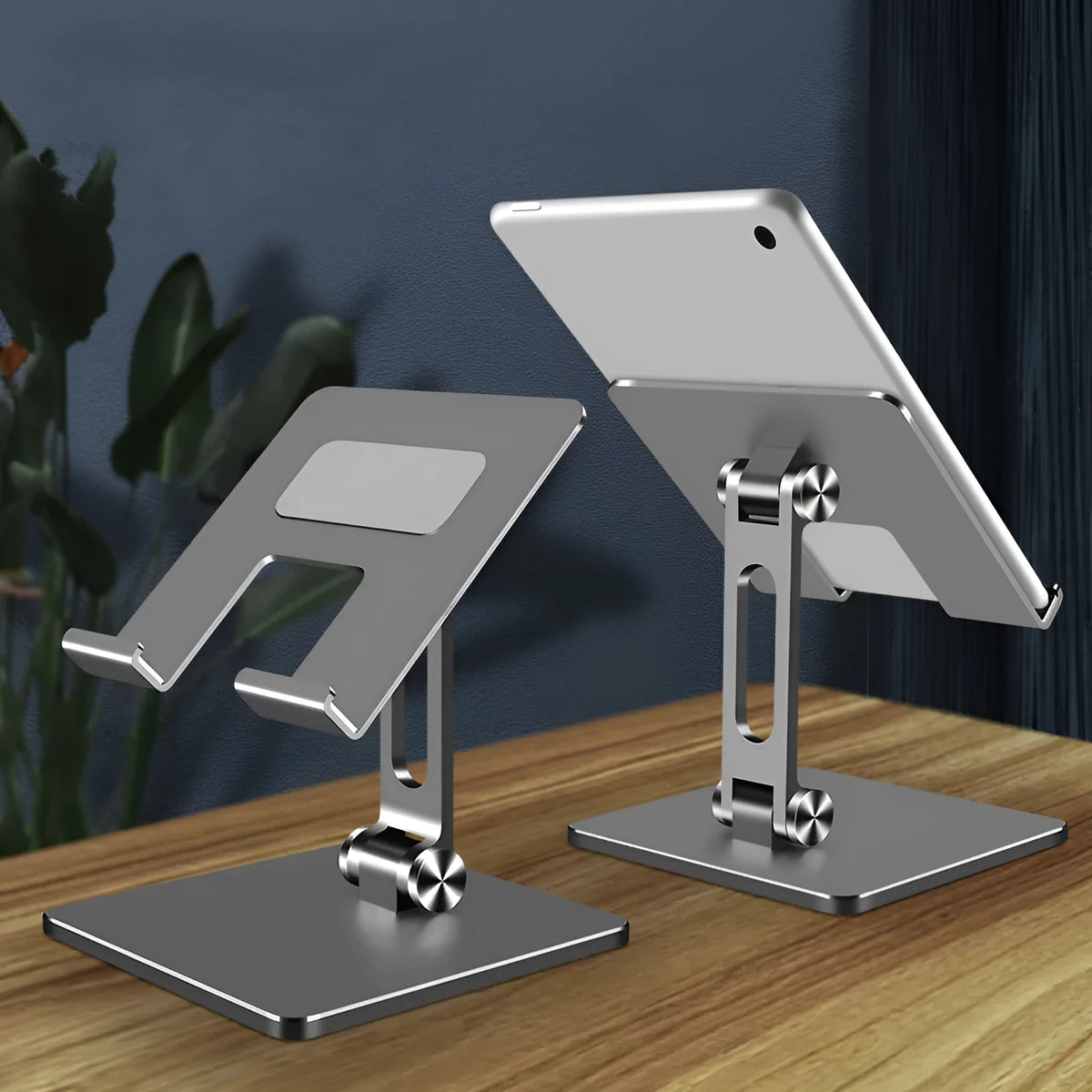 Adjustable aluminium alloy tablet PC stand folded, compatible with Apple iPad and Huawei phones, silver