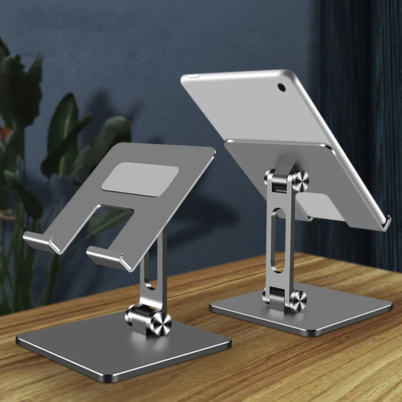 Adjustable aluminium alloy tablet PC stand folded, compatible with Apple iPad and Huawei phones, silver