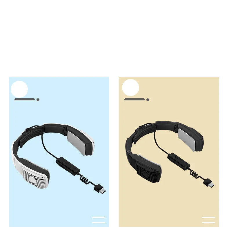 Portable wearable neck air conditioner in black with USB cable and adjustable neck band