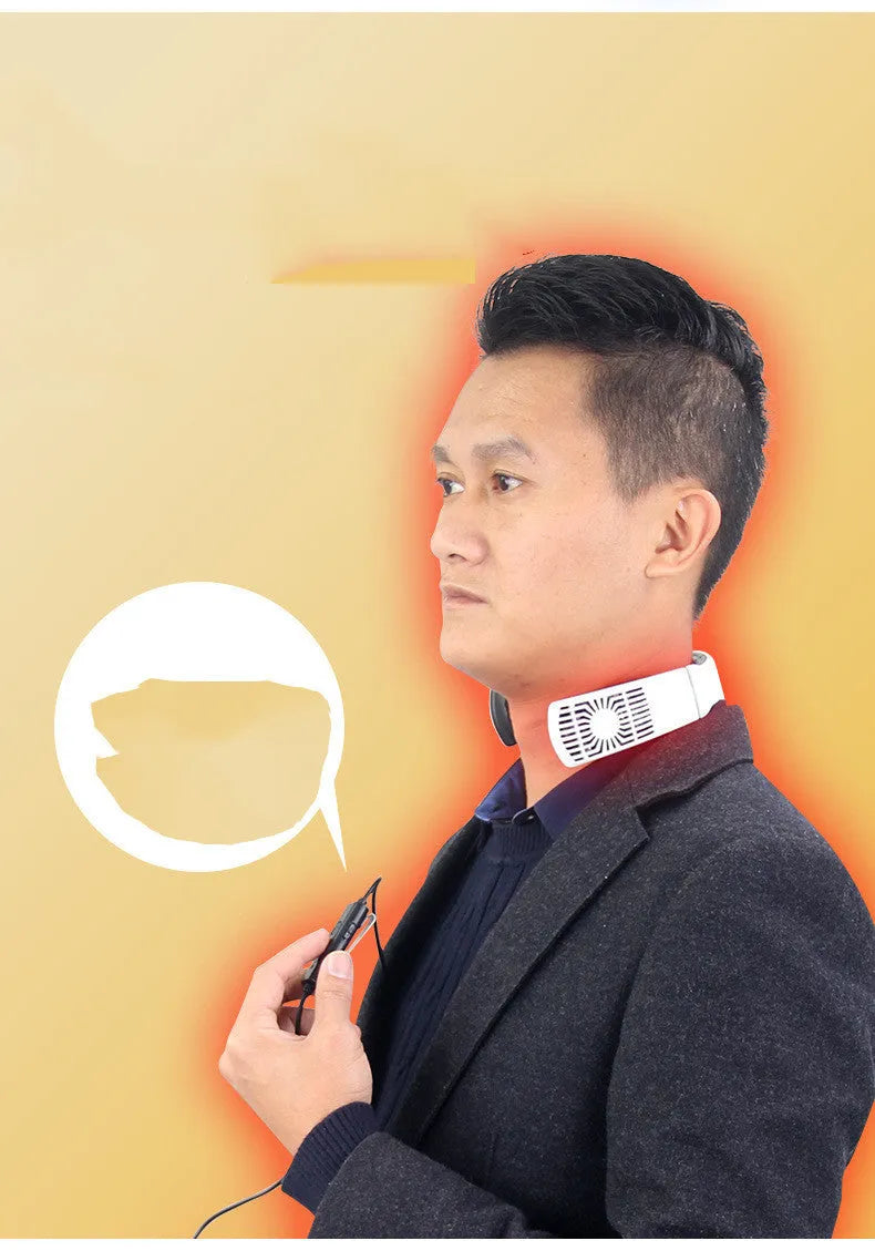 Portable wearable neck air conditioner in black with USB cable and adjustable neck band