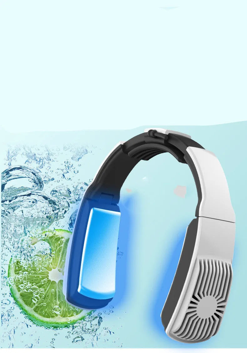 Portable wearable neck air conditioner in black with USB cable and adjustable neck band