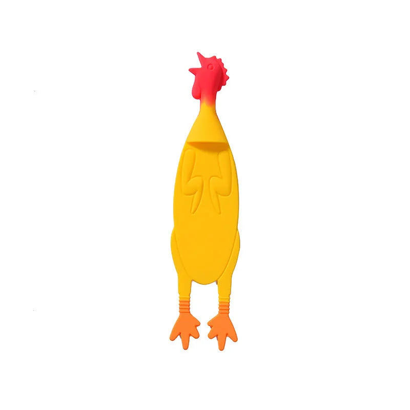 Creative silicone screaming chicken bookmark in yellow on an open book page showing its 16 cm length