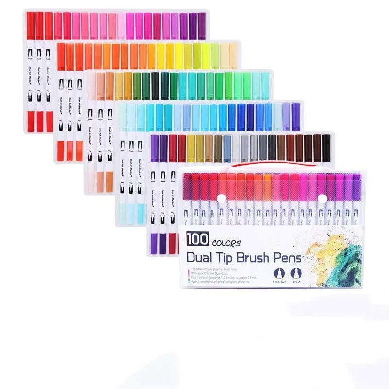 Double-ended watercolour marker set showing brush tip and fine tip with multiple bright colour options