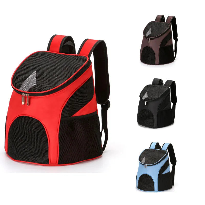 Pet backpack carrier in red, black, brown, or blue for dogs and cats up to 15 kg