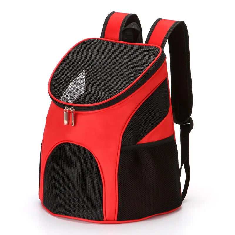 Pet backpack carrier in red, black, brown, or blue for dogs and cats up to 15 kg