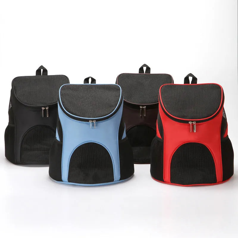 Pet backpack carrier in red, black, brown, or blue for dogs and cats up to 15 kg