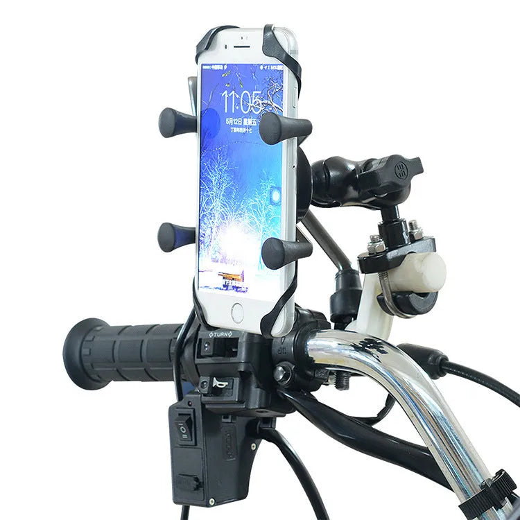 Black aluminium alloy motorcycle phone mounting bracket installed on a bicycle handlebar.