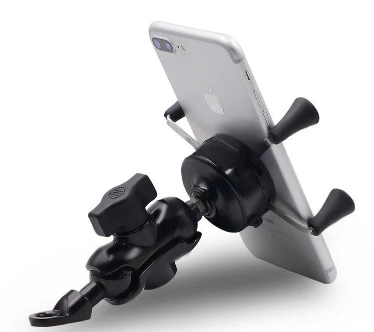 Black aluminium alloy motorcycle phone mounting bracket installed on a bicycle handlebar.