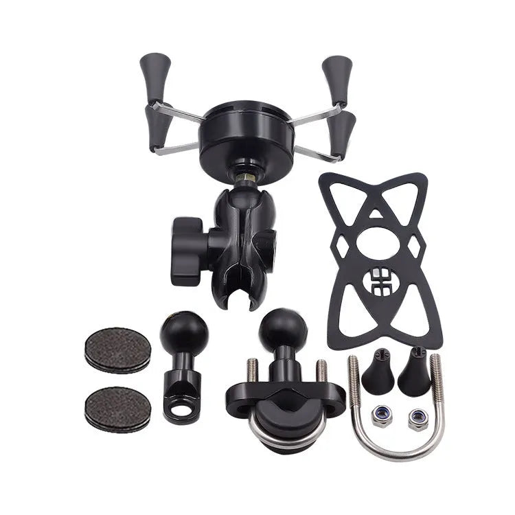 Black aluminium alloy motorcycle phone mounting bracket installed on a bicycle handlebar.