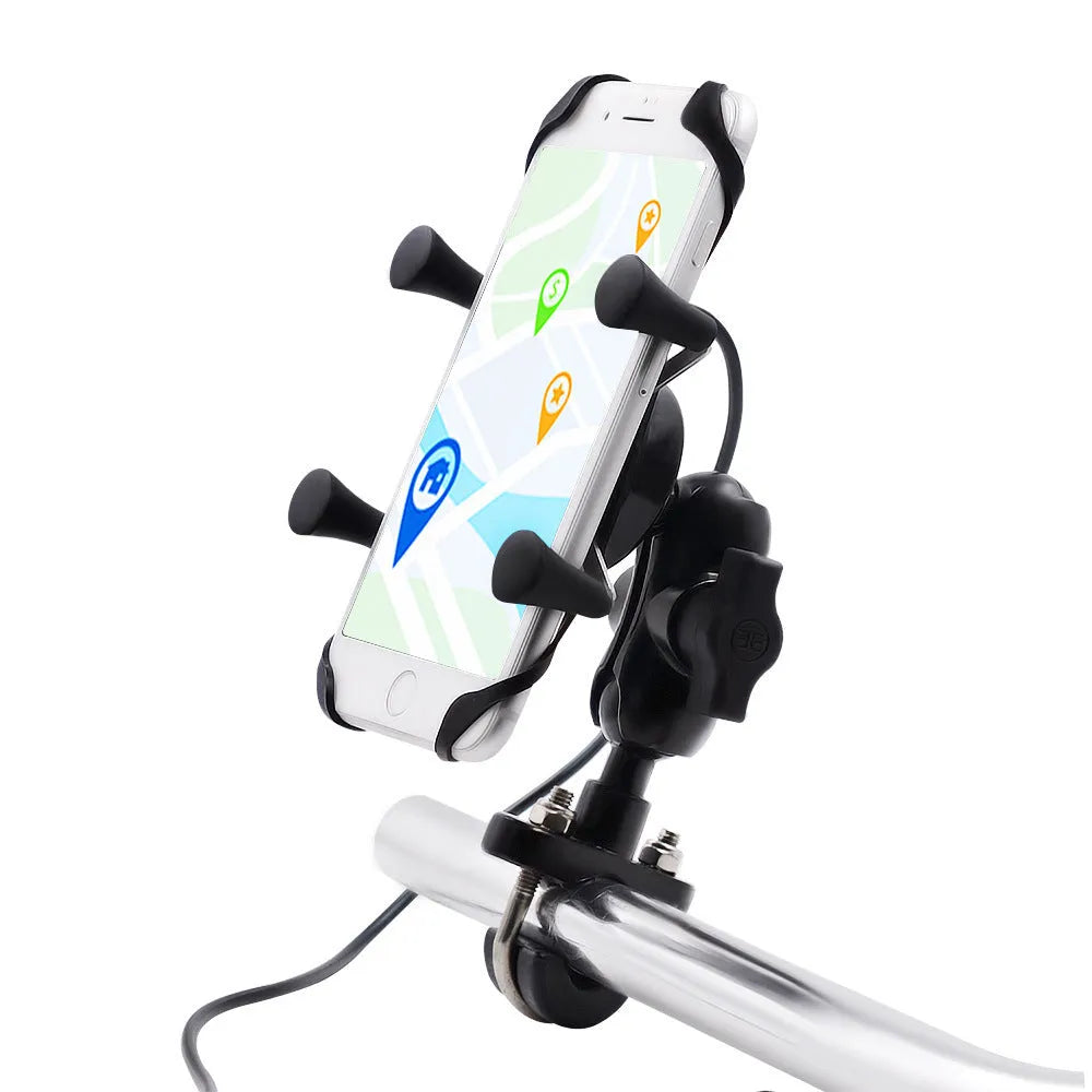 Black aluminium alloy motorcycle phone mounting bracket installed on a bicycle handlebar.