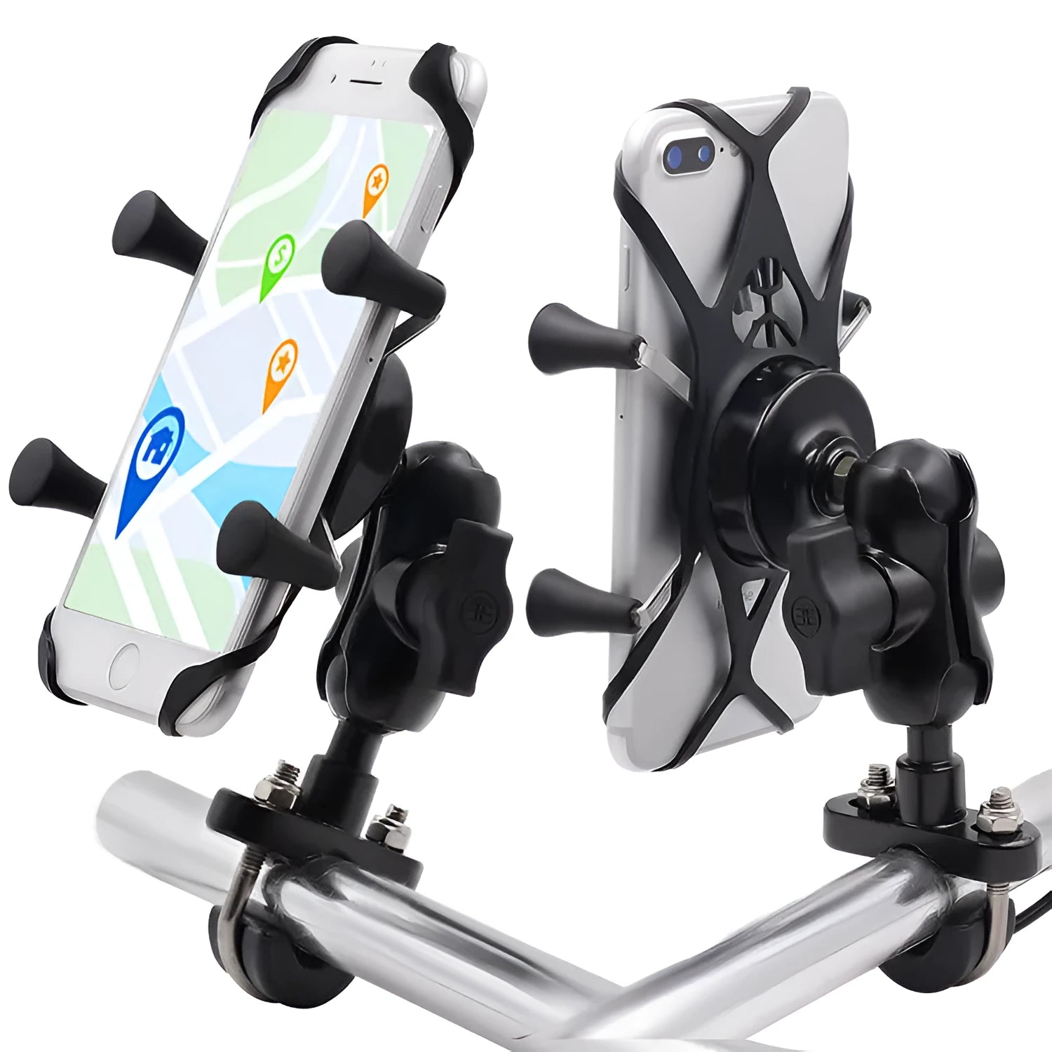 Black aluminium alloy motorcycle phone mounting bracket installed on a bicycle handlebar.