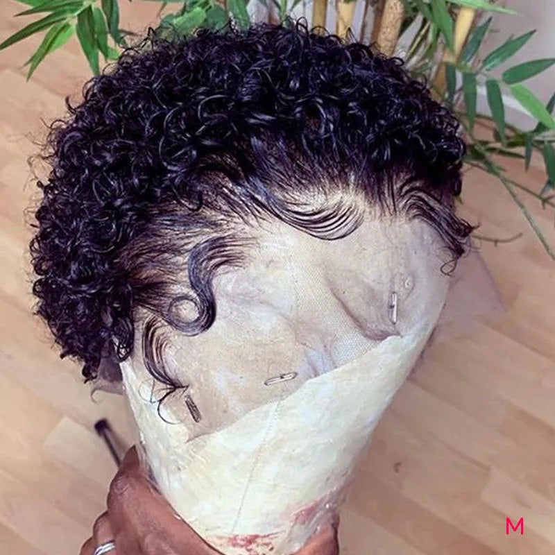 Black African small curly hair wig with fluffy explode style and long bangs on a mannequin head