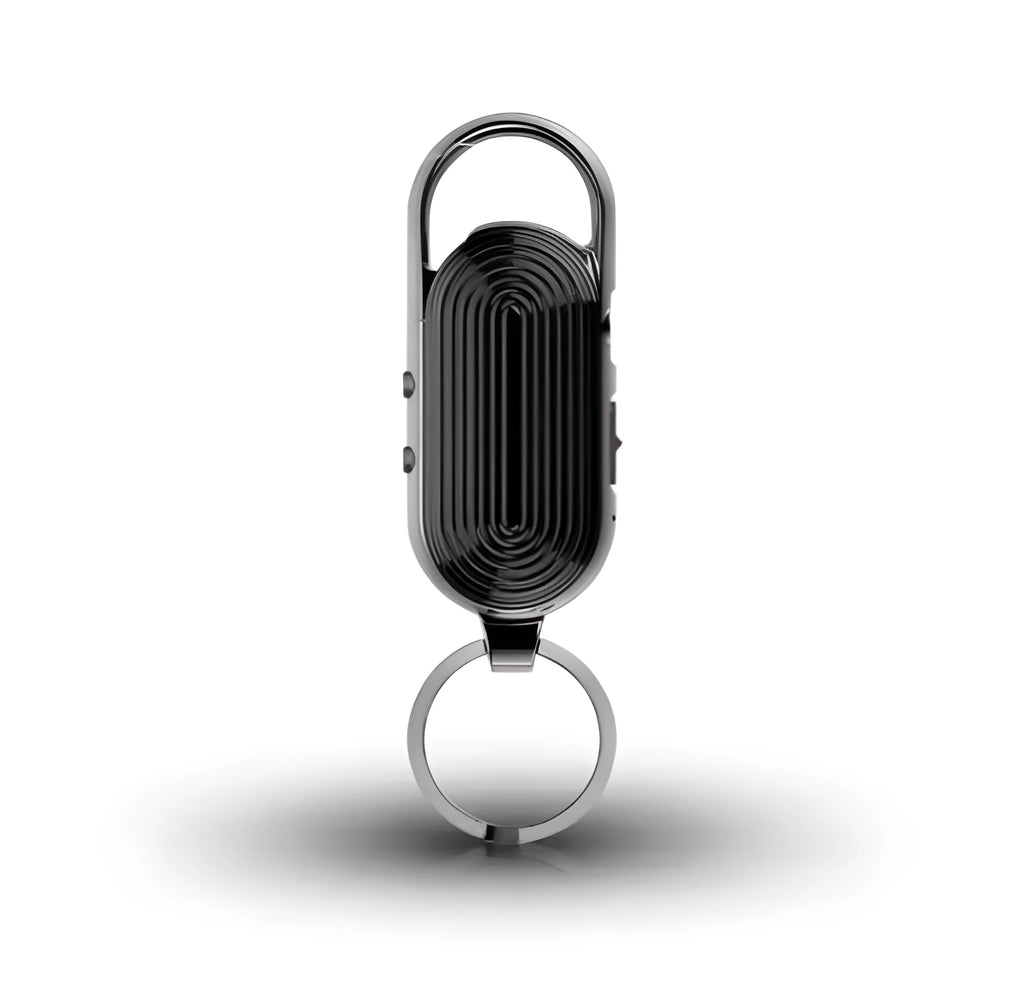 Black portable digital audio recorder with zinc alloy shell and one-key recording button.