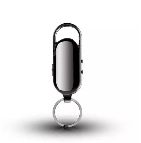Black portable digital audio recorder with zinc alloy shell and one-key recording button.