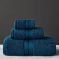 Three-piece cotton bath towel set in floral colours showing bath towel, hand towel and face cloth with optional logo printing