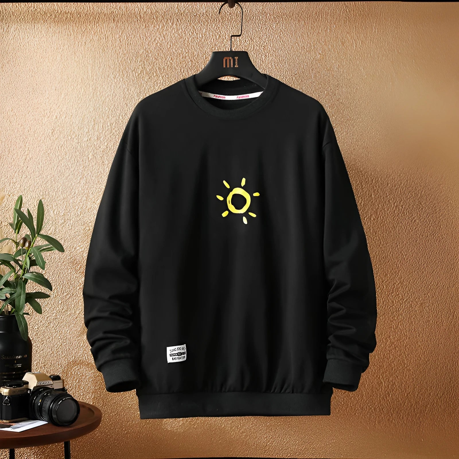 Men's plus size loose fit Japanese print sweater in black round neck long sleeves