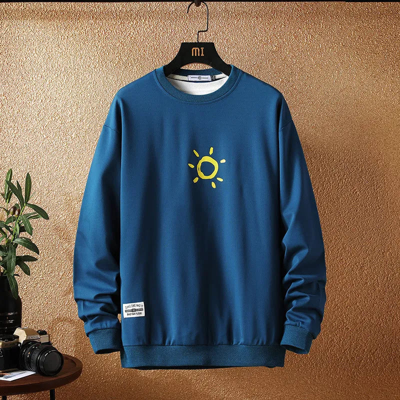 Men's plus size loose fit Japanese print sweater in black round neck long sleeves