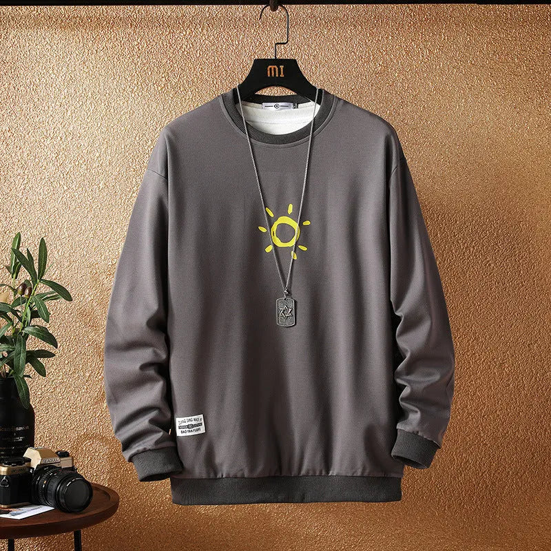 Men's plus size loose fit Japanese print sweater in black round neck long sleeves