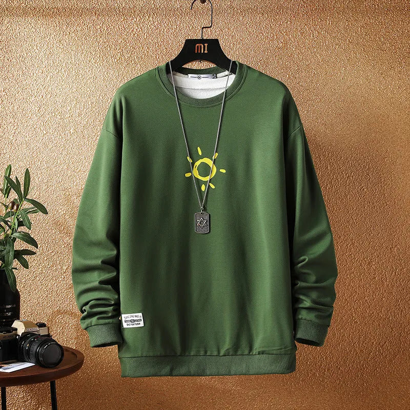 Men's plus size loose fit Japanese print sweater in black round neck long sleeves