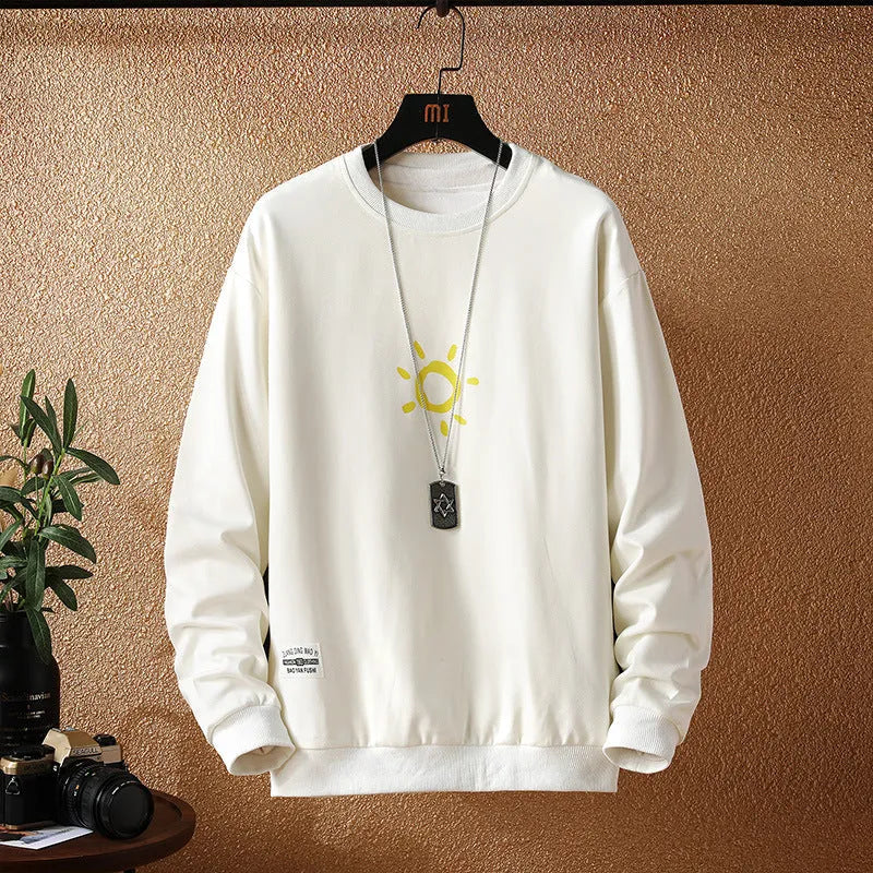 Men's plus size loose fit Japanese print sweater in black round neck long sleeves