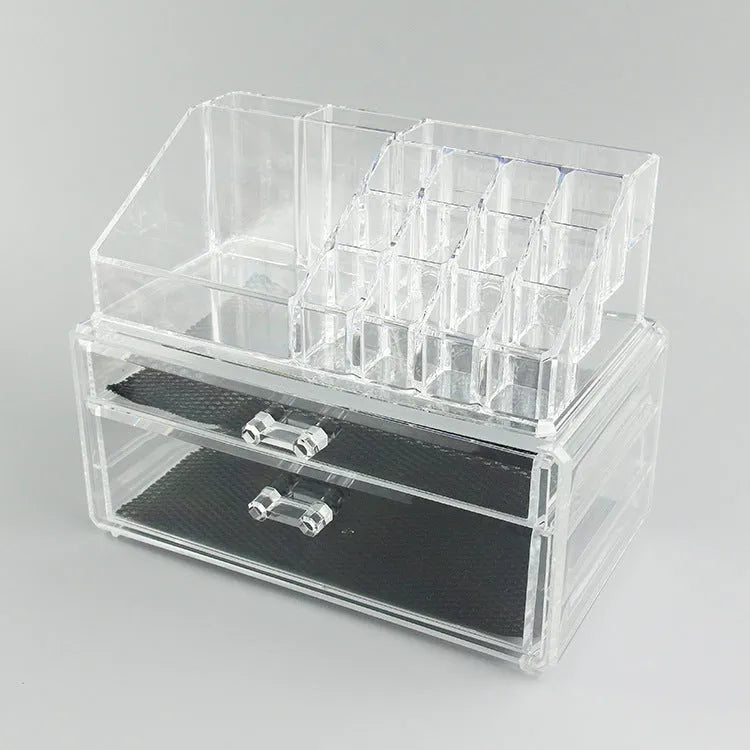 Clear foldable acrylic makeup storage organiser box showing transparent sides and 18 litre capacity.
