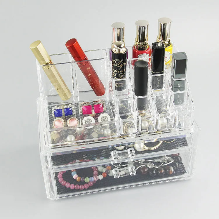 Clear foldable acrylic makeup storage organiser box showing transparent sides and 18 litre capacity.