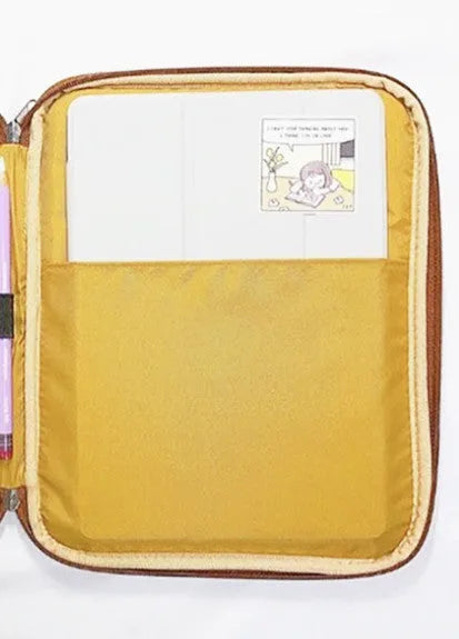 Yellow polyester laptop liner bag with embroidered toast design for 11-inch and 13-inch devices