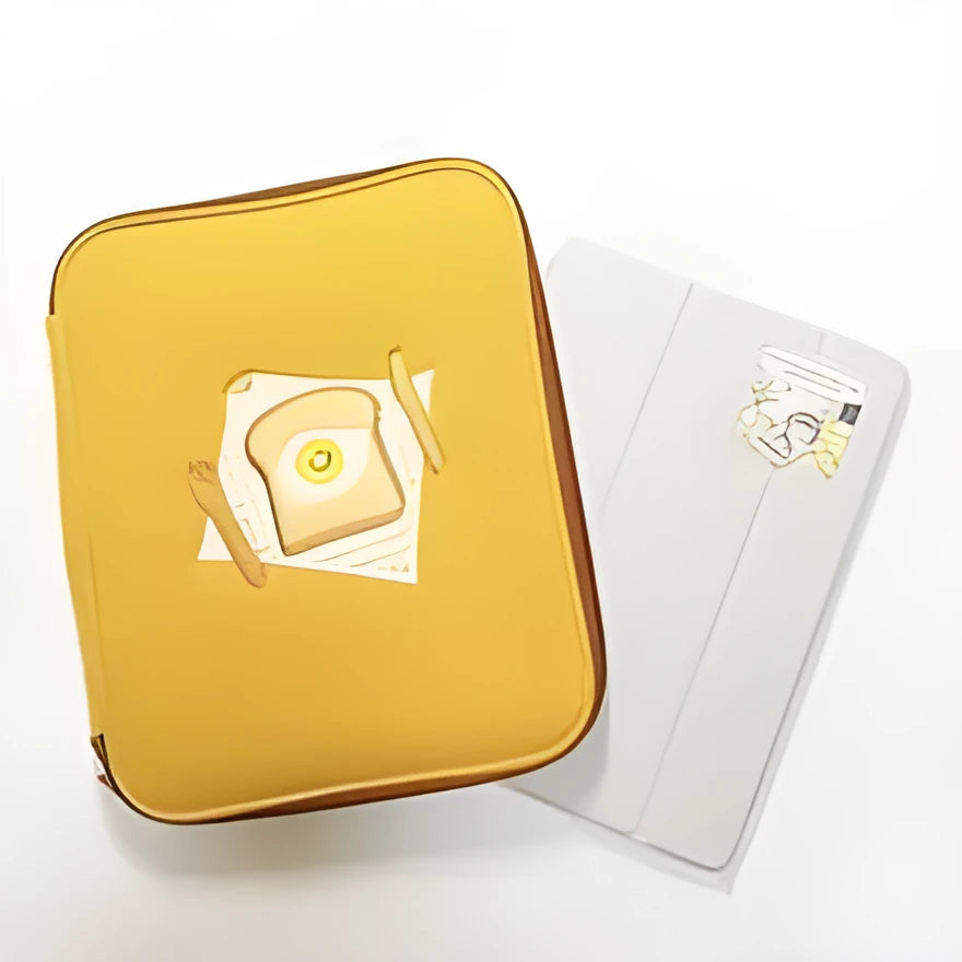 Yellow polyester laptop liner bag with embroidered toast design for 11-inch and 13-inch devices