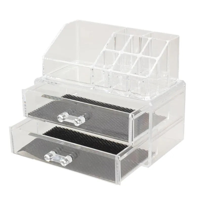 Clear foldable acrylic makeup storage organiser box showing transparent sides and 18 litre capacity.