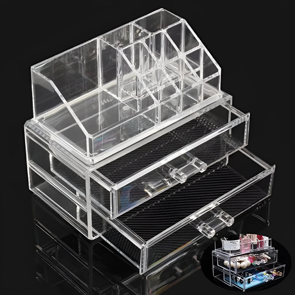 Clear foldable acrylic makeup storage organiser box showing transparent sides and 18 litre capacity.