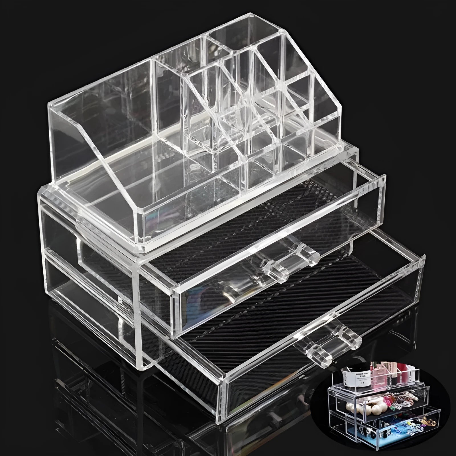 Clear foldable acrylic makeup storage organiser box showing transparent sides and 18 litre capacity.