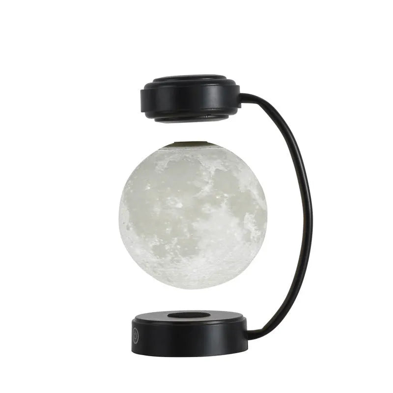 Magnetic levitation moon lamp floating above base with touch control and colour-changing illumination