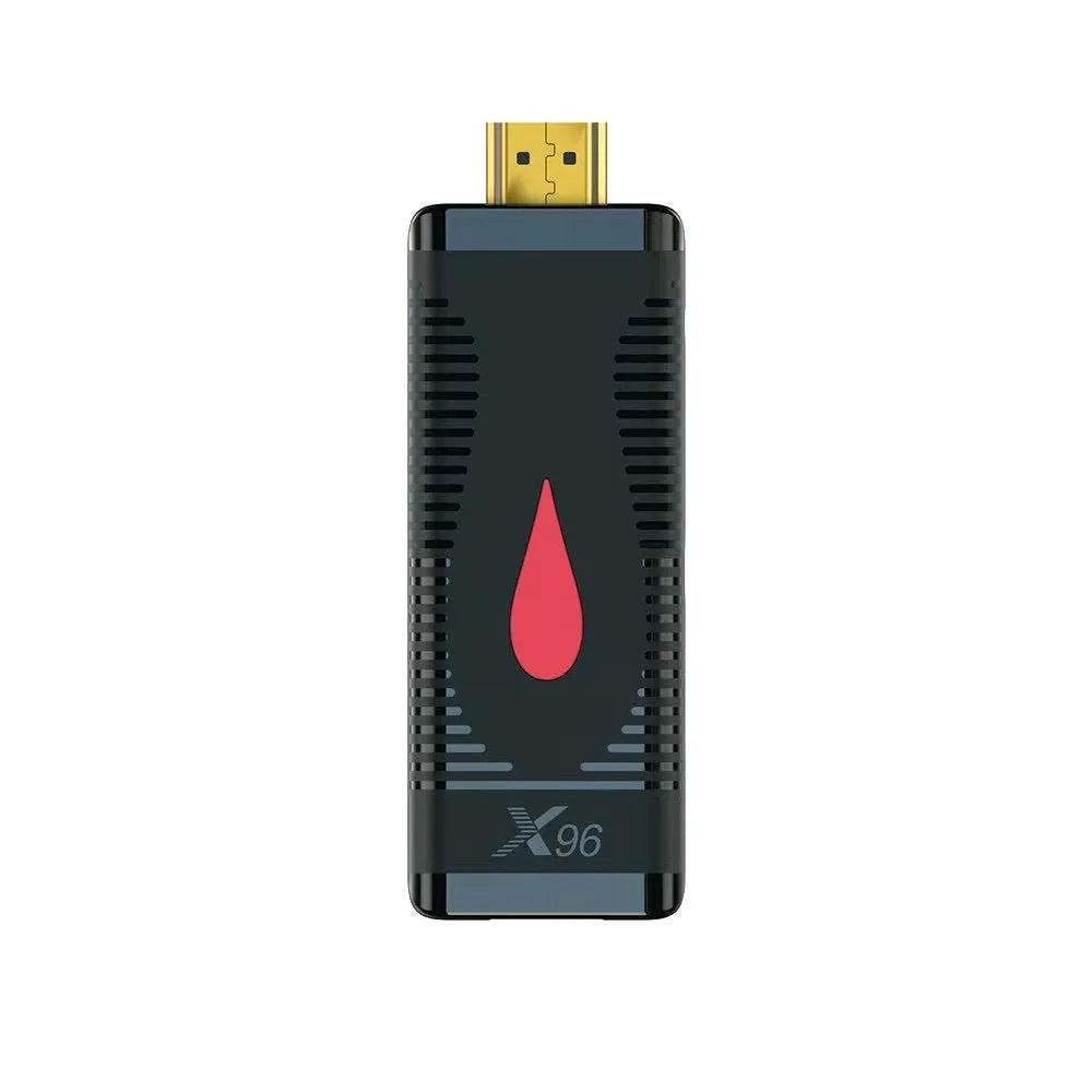Smart Android TV set-top box dongle with remote control and HDMI cable on a white background.
