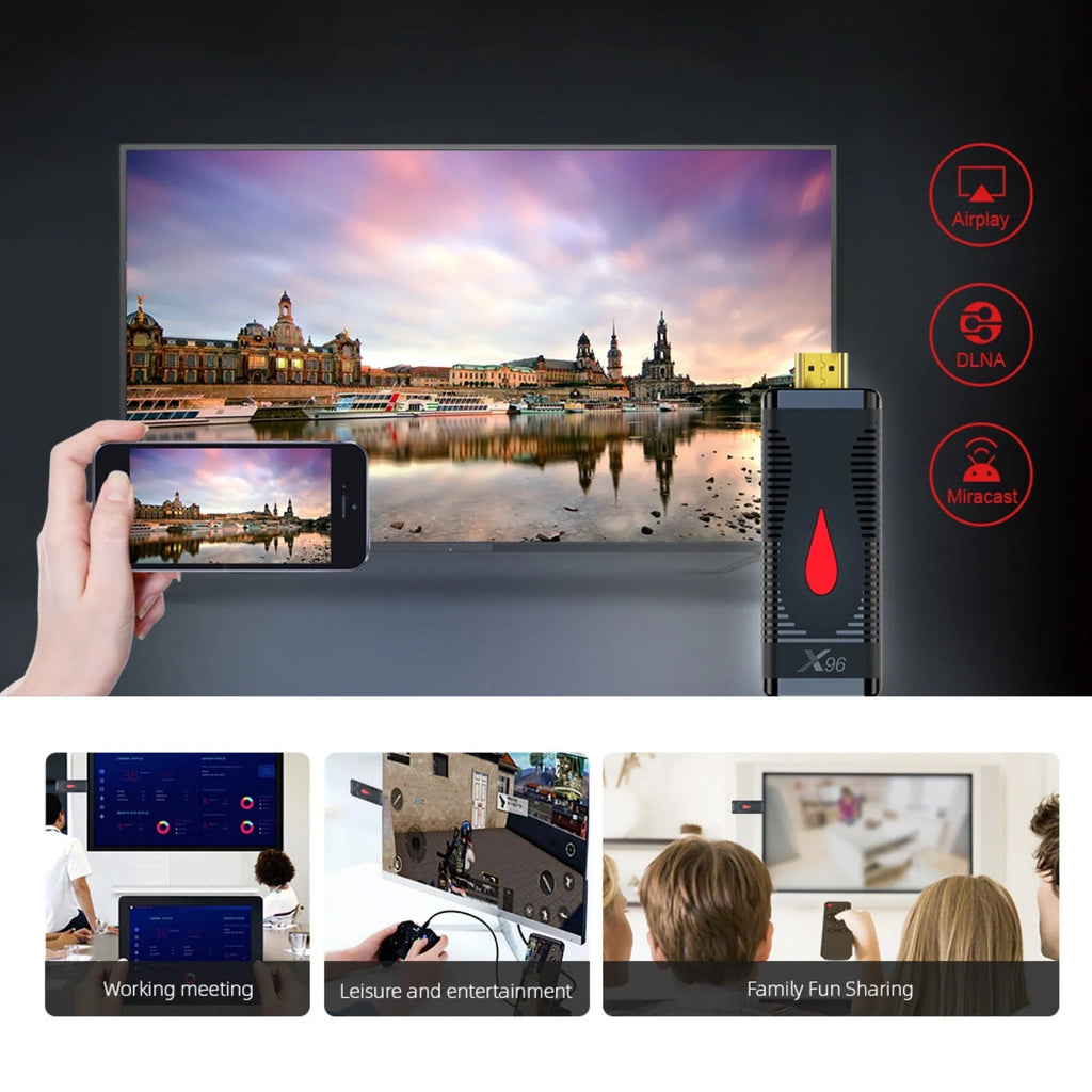 Smart Android TV set-top box dongle with remote control and HDMI cable on a white background.