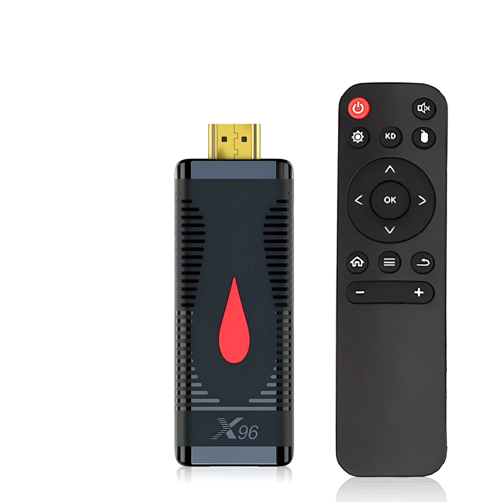 Smart Android TV set-top box dongle with remote control and HDMI cable on a white background.