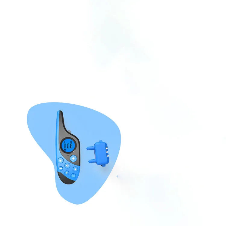 Blue rechargeable remote control dog training collar with adjustable collar and remote control on a white background