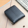 Fashion Men's short wallet in horizontal shape with zippered closure, PU leather, Black colour, multi-card compartments