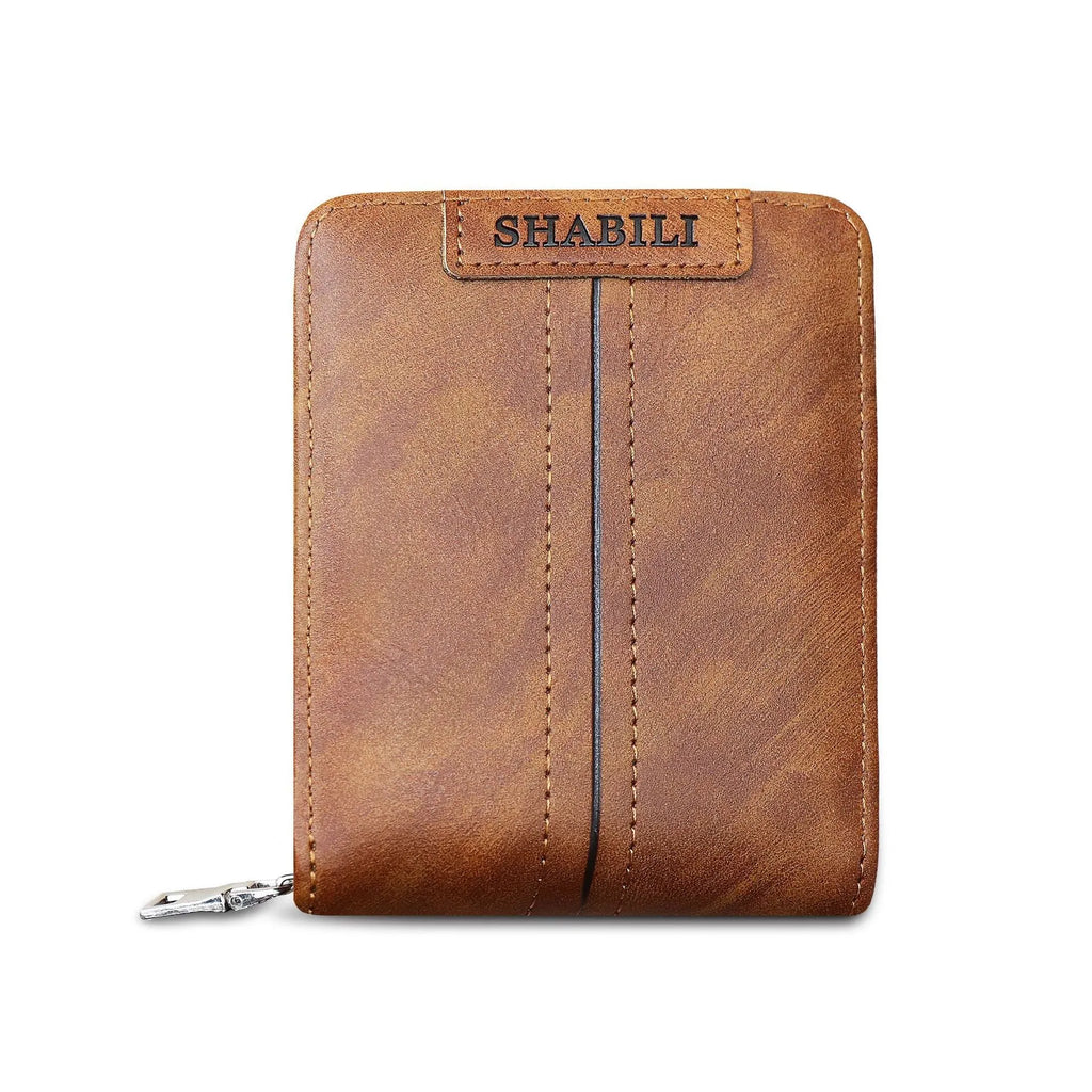 Fashion Men's short wallet in horizontal shape with zippered closure, PU leather, Black colour, multi-card compartments