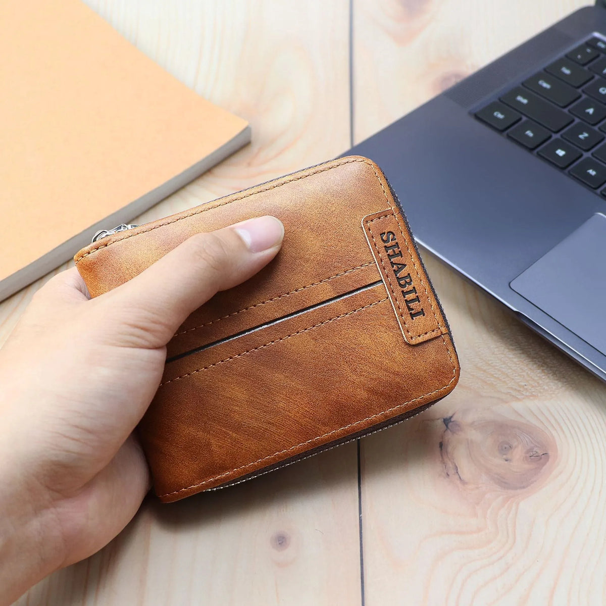 Fashion Men's short wallet in horizontal shape with zippered closure, PU leather, Black colour, multi-card compartments
